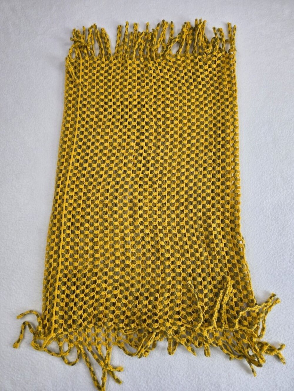 Mustard Yellow Open-Knit Fringed Tube Scarf Tubular Snood